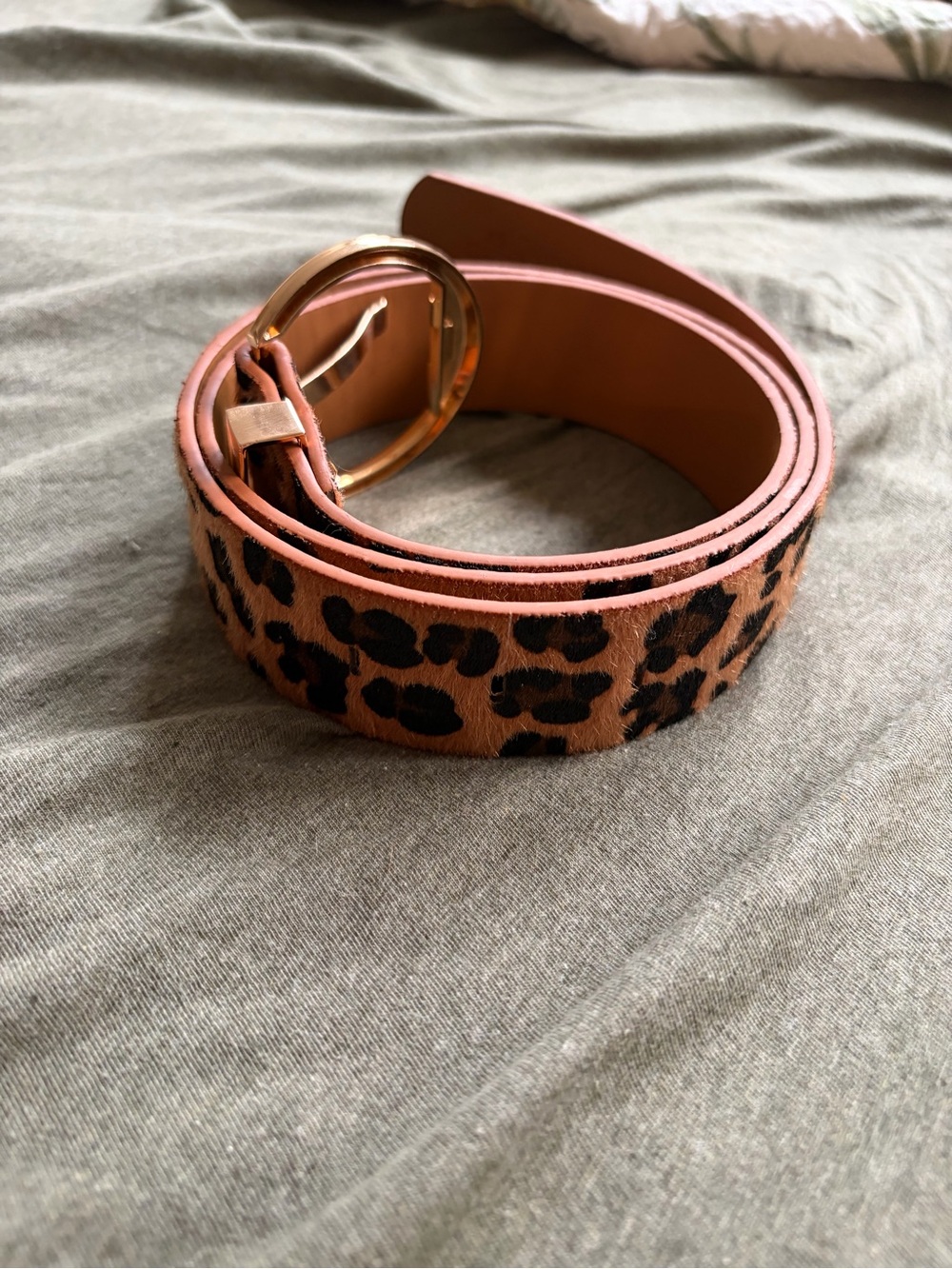 Leopard Print Brown Leather Belt with Gold Buckle